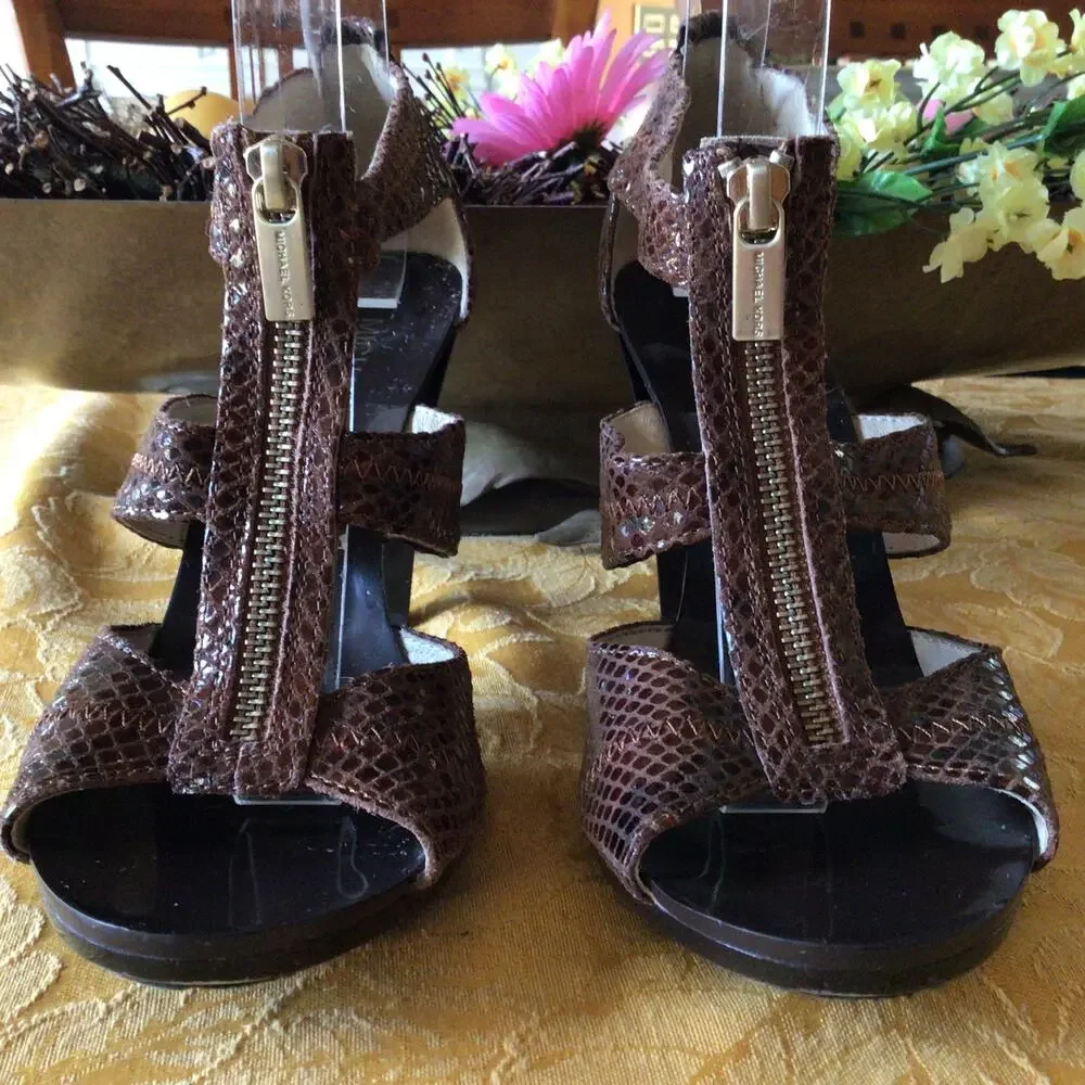 Michael Kors Berkley Snake Print T-Strap Heels Sz 7.5